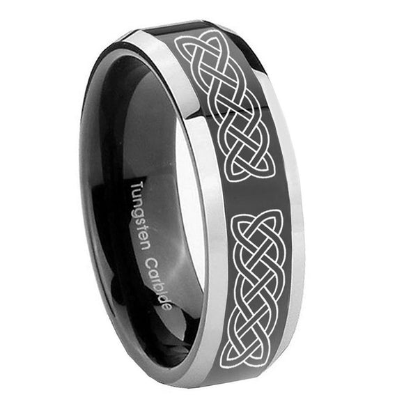 8mm Celtic Knot Beveled Edges Glossy Black 2 Tone Tungsten Carbide Mens Ring