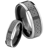 His Hers Celtic Knot Beveled Glossy Black 2 Tone Tungsten Wedding Ring Set