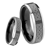 8mm Celtic Knot Beveled Edges Glossy Black 2 Tone Tungsten Carbide Mens Ring