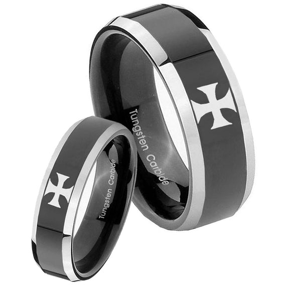 His Hers Maltese Cross Beveled Glossy Black 2 Tone Tungsten Anniversary Ring Set