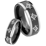 His Hers Master Mason Masonic  Beveled Glossy Black 2 Tone Tungsten Bands Ring Set