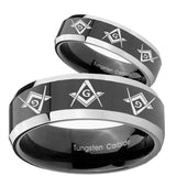 His Hers Master Mason Masonic  Beveled Glossy Black 2 Tone Tungsten Bands Ring Set