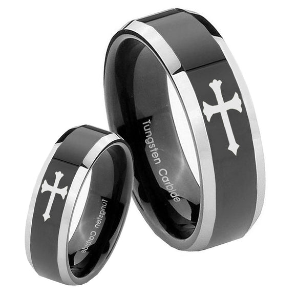 His Hers Christian Cross Beveled Glossy Black 2 Tone Tungsten Custom Mens Ring Set