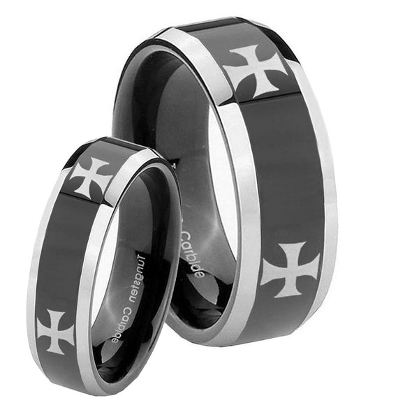 His Hers 4 Maltese Cross Beveled Glossy Black 2 Tone Tungsten Mens Ring Set