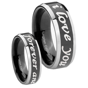 8mm I Love You Forever and ever Beveled Glossy Black 2 Tone Tungsten Men's Ring