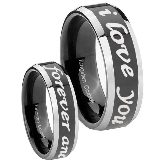 His Hers I Love You Forever and ever Beveled Glossy Black 2 Tone Tungsten Custom Ring Set
