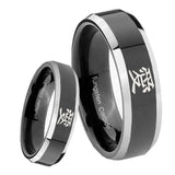 8mm Kanji Love Beveled Edges Glossy Black 2 Tone Tungsten Mens Wedding Ring