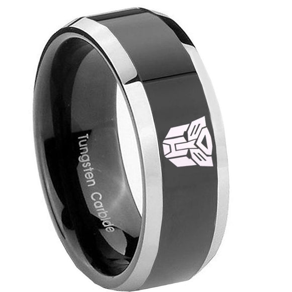 8mm Transformers Autobot Beveled Glossy Black 2 Tone Tungsten Men's Band Ring