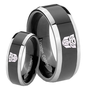 His Hers Transformers Autobot Beveled Glossy Black 2 Tone Tungsten Mens Ring Set