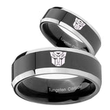 His Hers Transformers Autobot Beveled Glossy Black 2 Tone Tungsten Mens Ring Set