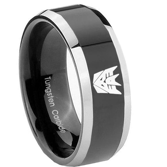 10mm Decepticon Transformers Beveled Glossy Black 2 Tone Tungsten Bands Ring