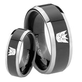 His Hers Decepticon Transformers Beveled Glossy Black 2 Tone Tungsten Mens Ring Set