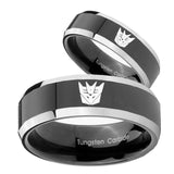 His Hers Decepticon Transformers Beveled Glossy Black 2 Tone Tungsten Mens Ring Set