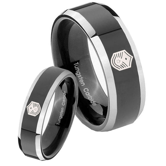 His Hers Chief Master Sergeant Vector Beveled Glossy Black 2 Tone Tungsten Custom Mens Ring Set