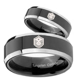 His Hers Chief Master Sergeant Vector Beveled Glossy Black 2 Tone Tungsten Custom Mens Ring Set