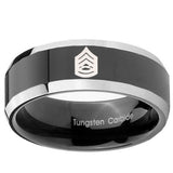 10mm Army Sergeant Major Beveled Edges Glossy Black 2 Tone Tungsten Bands Ring