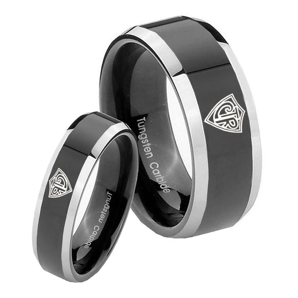 His and Hers CTR Beveled Edges Glossy Black 2 Tone Tungsten Mens Ring Set