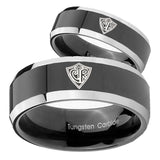 His and Hers CTR Beveled Edges Glossy Black 2 Tone Tungsten Mens Ring Set