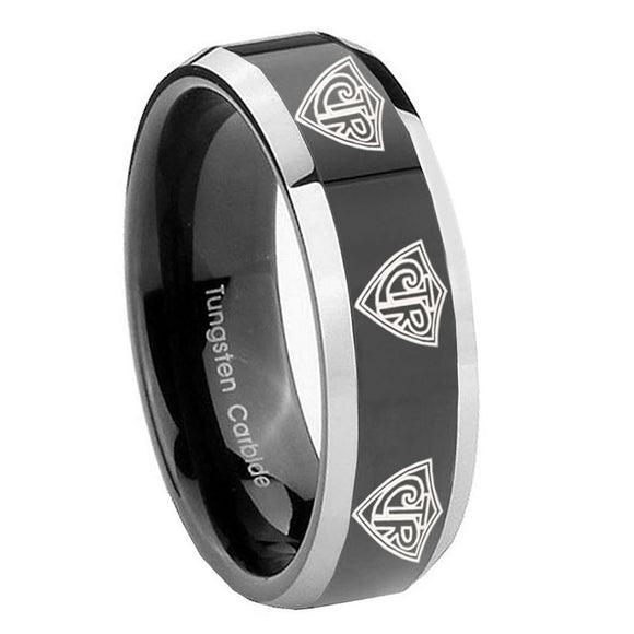 8mm Multiple CTR Beveled Edges Glossy Black 2 Tone Tungsten Men's Wedding Ring