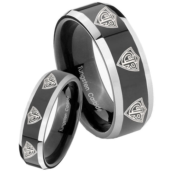 His Hers Multiple CTR Beveled Edges Glossy Black 2 Tone Tungsten Engraved Ring Set