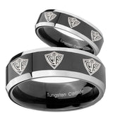 His Hers Multiple CTR Beveled Edges Glossy Black 2 Tone Tungsten Engraved Ring Set