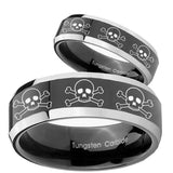 His Hers Multiple Skull Beveled Glossy Black 2 Tone Tungsten Men Band Set