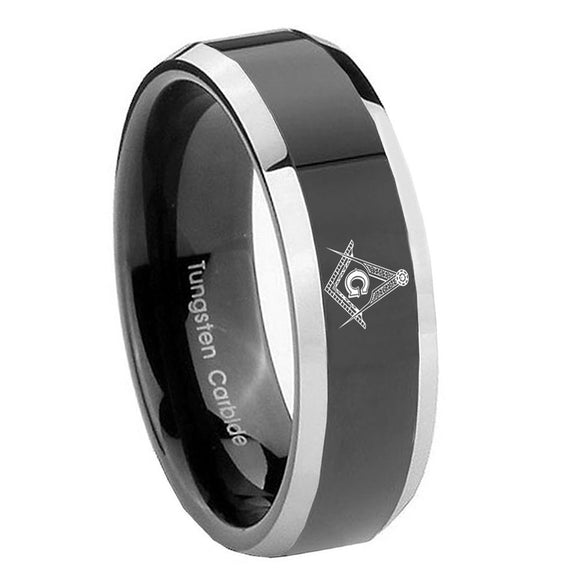 10mm Master Mason Beveled Glossy Black 2 Tone Tungsten Wedding Engagement Ring