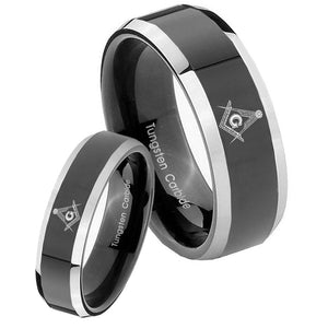 His Hers Master Mason Beveled Edges Glossy Black 2 Tone Tungsten Promise Ring Set