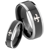 His Hers Fleur De Lis Beveled Glossy Black 2 Tone Tungsten Men's Band Ring Set