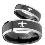 His Hers Fleur De Lis Beveled Glossy Black 2 Tone Tungsten Men's Band Ring Set