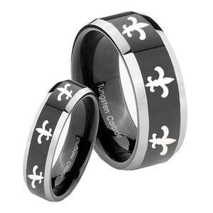 His Hers Multiple Fleur De Lis Beveled Glossy Black 2 Tone Tungsten Men's Ring Set