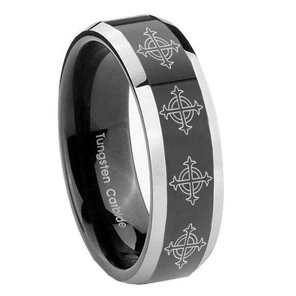 10mm Multiple Crosses Beveled Glossy Black 2 Tone Tungsten Men's Engagement Ring