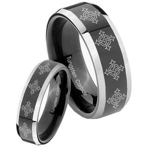 His Hers Multiple Crosses Beveled Glossy Black 2 Tone Tungsten Mens Bands Ring Set