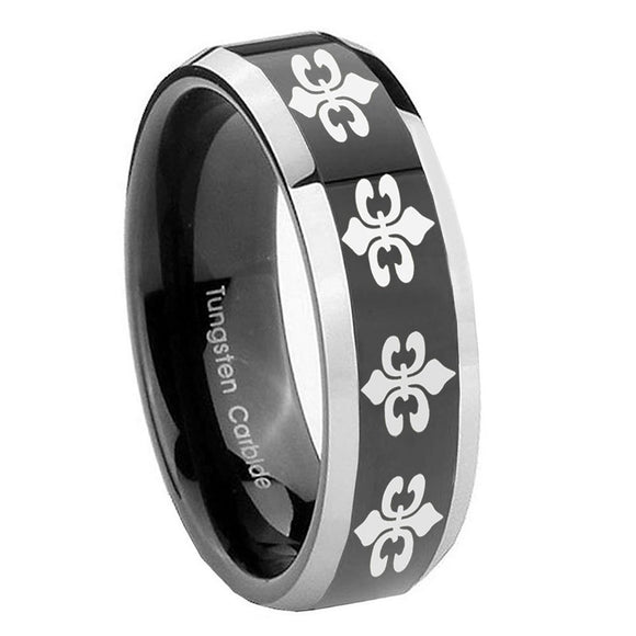 8mm Multiple Fleur De Lis Beveled Glossy Black 2 Tone Tungsten Personalized Ring