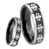 8mm Multiple Fleur De Lis Beveled Glossy Black 2 Tone Tungsten Personalized Ring