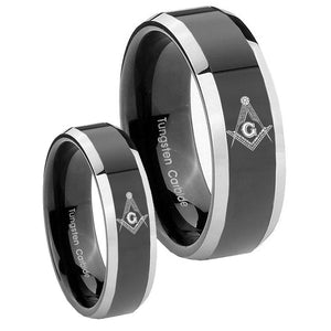 His Hers Master Mason Masonic Beveled Glossy Black 2 Tone Tungsten Men's Ring Set