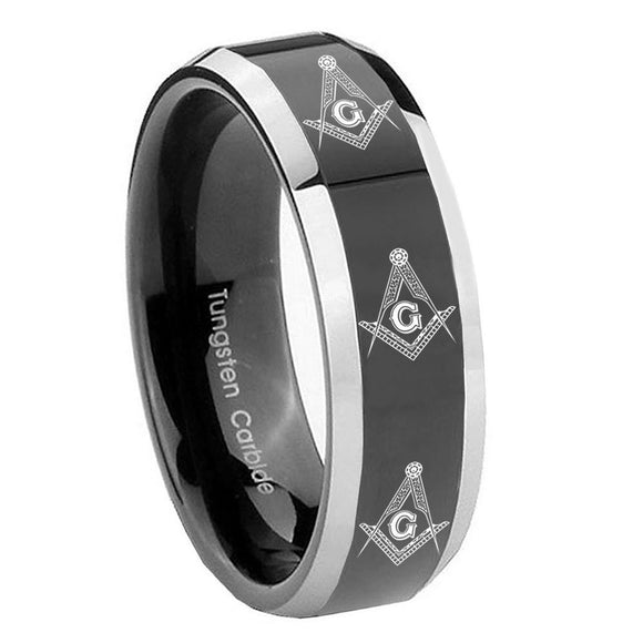 8mm Multiple Master Mason Masonic Beveled Glossy Black 2 Tone Tungsten Men's Ring