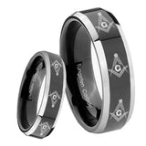 8mm Multiple Master Mason Masonic Beveled Glossy Black 2 Tone Tungsten Men's Ring