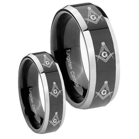 His Hers Multiple Master Mason Masonic Beveled Glossy Black 2 Tone Tungsten Promise Ring Set