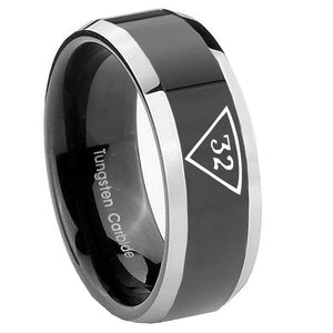 8mm Masonic 32 Triangle Freemason Beveled Edges Glossy Black 2 Tone Tungsten Carbide Anniversary Ring