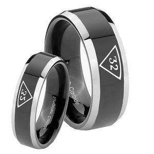 His Hers Masonic 32 Triangle Freemason Beveled Glossy Black 2 Tone Tungsten Men's Promise Rings Set