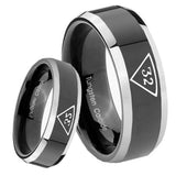 8mm Masonic 32 Triangle Freemason Beveled Edges Glossy Black 2 Tone Tungsten Carbide Anniversary Ring