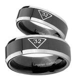 His Hers Masonic 32 Triangle Freemason Beveled Glossy Black 2 Tone Tungsten Men's Promise Rings Set