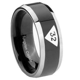 8mm Masonic 32 Triangle Design Freemason Beveled Edges Glossy Black 2 Tone Tungsten Carbide Anniversary Ring