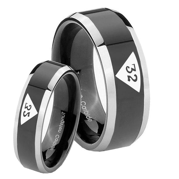 His Hers Masonic 32 Triangle Design Freemason Beveled Glossy Black 2 Tone Tungsten Men's Promise Rings Set