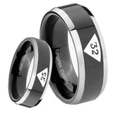 8mm Masonic 32 Triangle Design Freemason Beveled Edges Glossy Black 2 Tone Tungsten Carbide Anniversary Ring