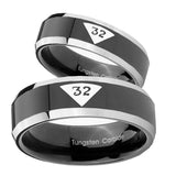 His Hers Masonic 32 Triangle Design Freemason Beveled Glossy Black 2 Tone Tungsten Men's Promise Rings Set