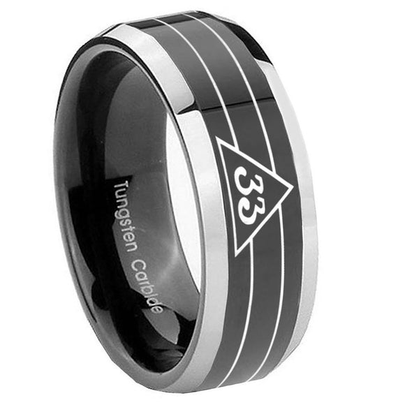 8mm Masonic 32 Duo Line Freemason Beveled Edges Glossy Black 2 Tone Tungsten Carbide Anniversary Ring