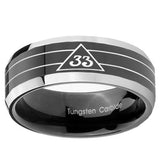 10mm Masonic 32 Duo Line Freemason Beveled Edges Glossy Black 2 Tone Tungsten Mens Ring Personalized