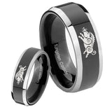 His Hers Wild Boar Beveled Glossy Black 2 Tone Tungsten Engraving Ring Set